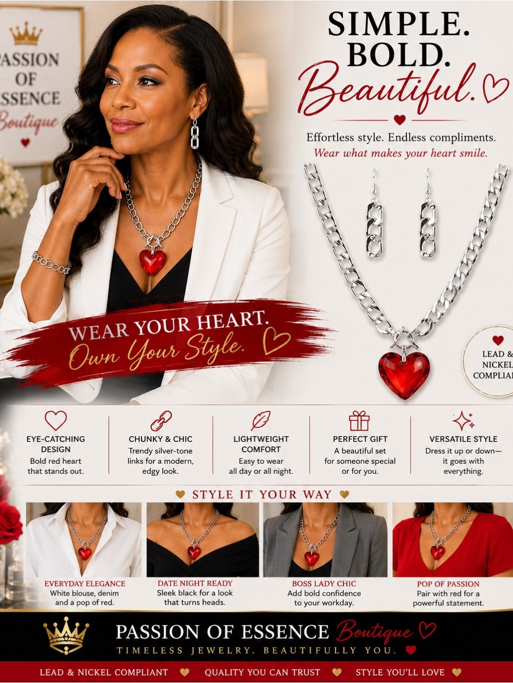 Bold Red Heart Chunky Chain Necklace & Earring Set | Silver-Tone Fashion Jewelry